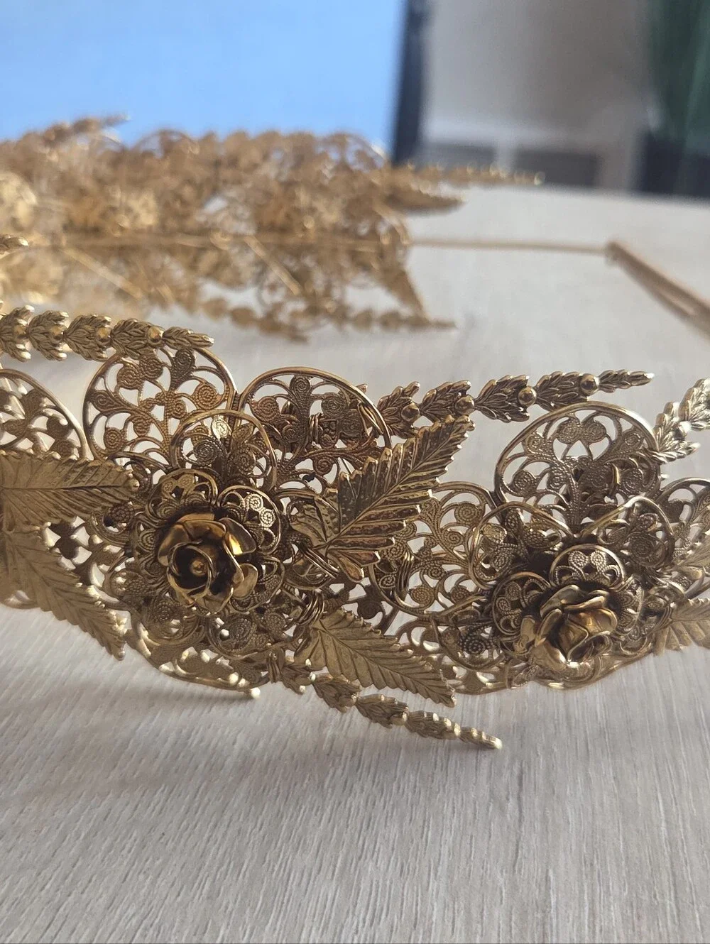 Jennifer Behr Gold Rosamund Tiara Headband - Vintage Brass Filigree Crown